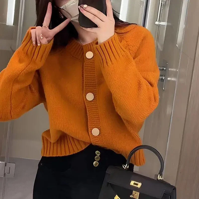 Rimocy Chic Knitted Round Neck Cardiagn Women Korean Long Sleeve Sweater Coat Woman Simple Soft Single-Breasted Cardigans Laides