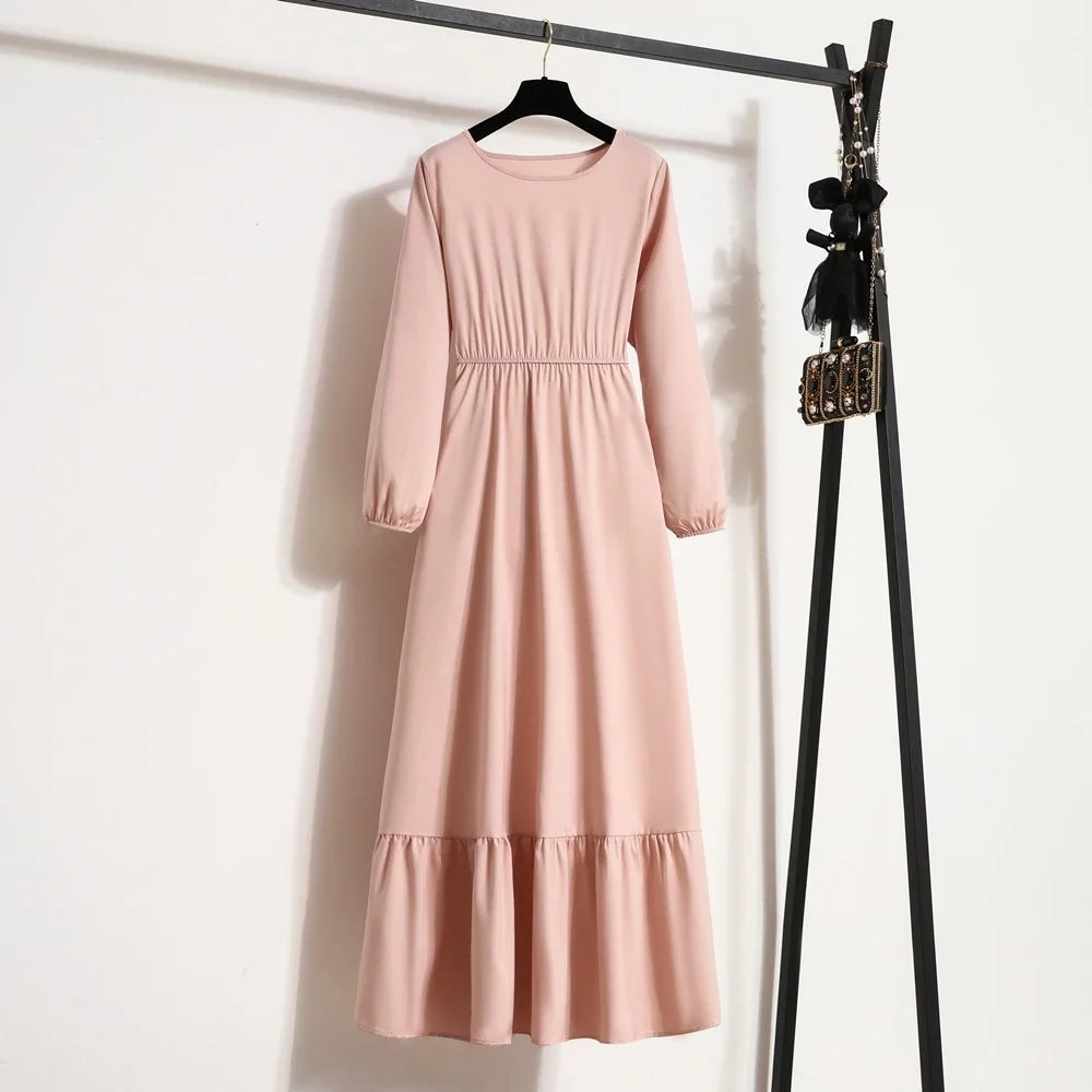 Spring Autumn Fashion Female Vestidos Solid Full Sleeve A-line O-neck Casual Chiffon Dress Women Muslim Long Dress Maxi Dresses