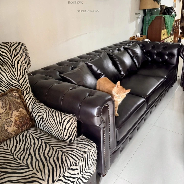 アメリカンヴィンテージストレートバックルソファ、カスタマイズ可能、本革/ワックスレザー/スノーフレークベルベット、カラマツ材フレーム、防水