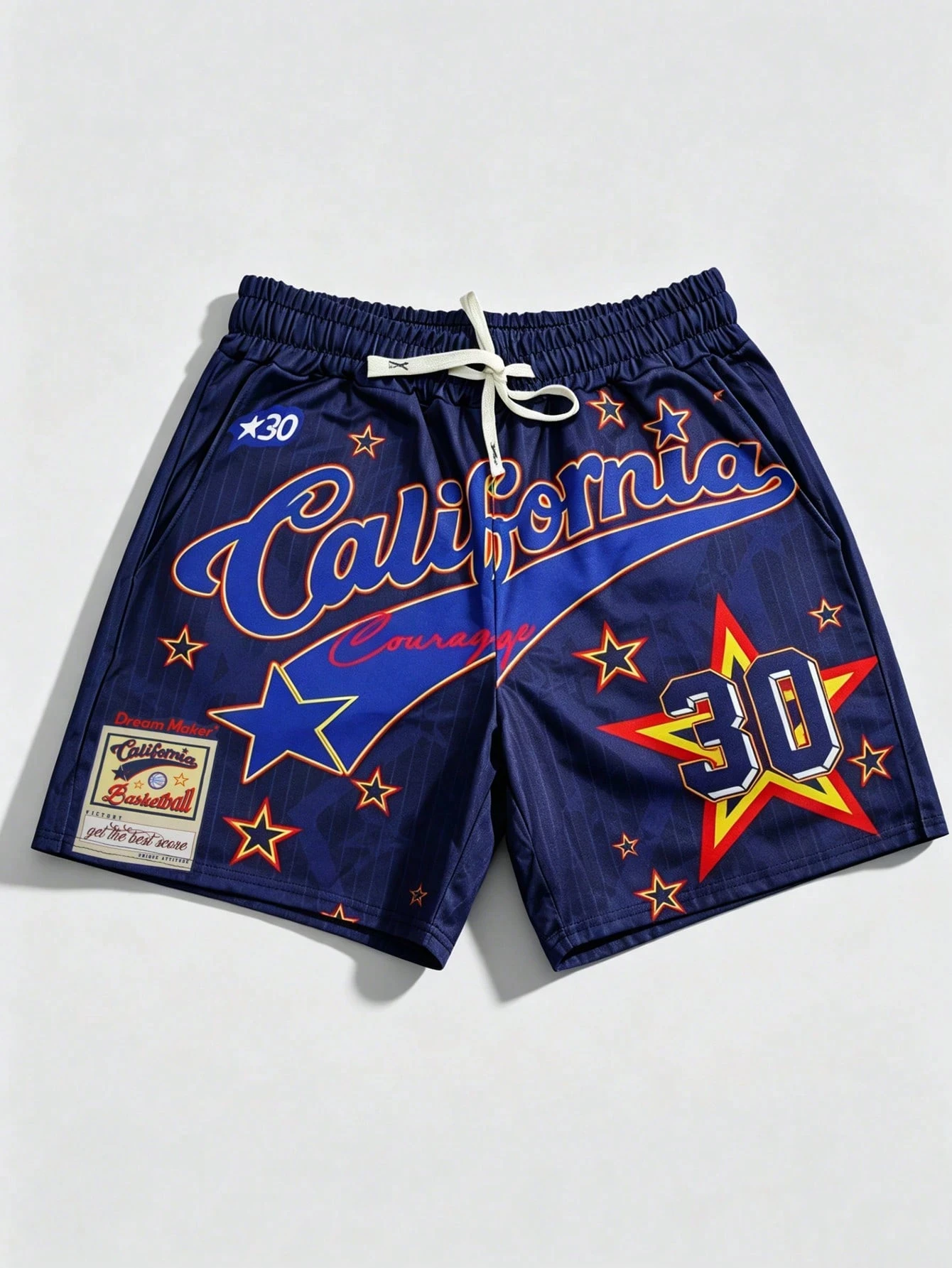 Men's California 30 Basketball Shorts, Navy Blue with Star Print & Courage Slogan, Breathable Streetwear Sports Bottoms 2026