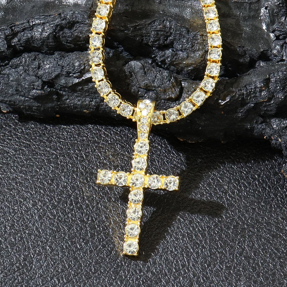 European and American hip-hop diamond studded cross pendant Cuban chain necklace full diamond single row diamond tennis chain