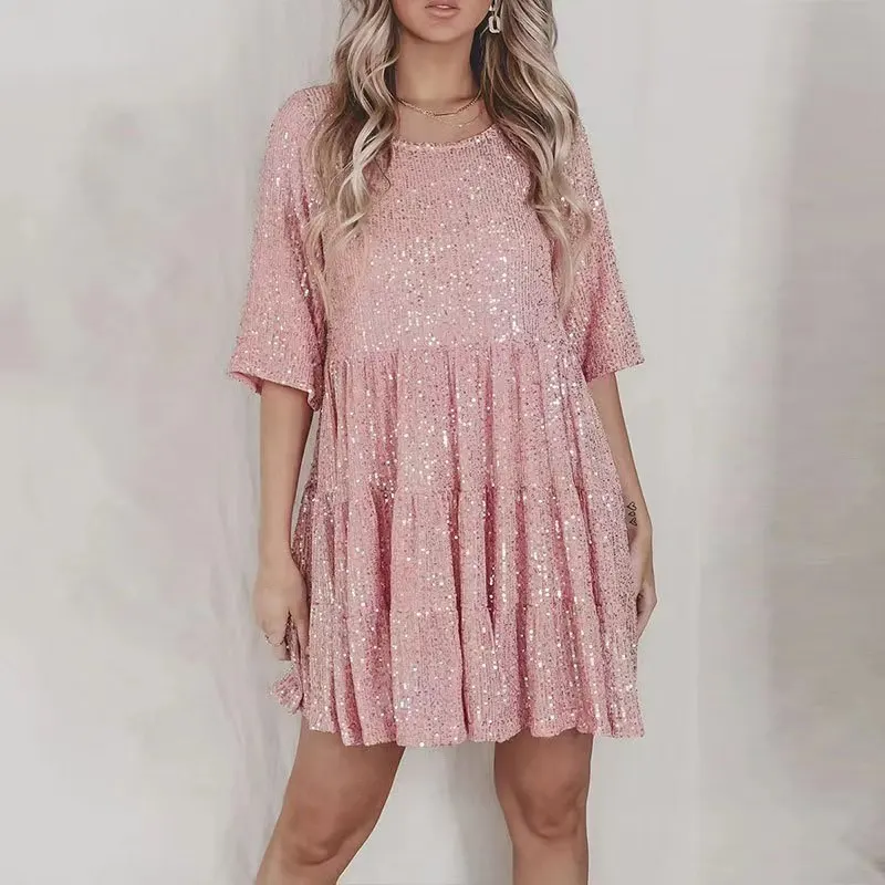 

Evening Dress Sequin Dress Women's New Fashion Sequin Round Neck Pullover Short Sleeve Mini Dress Skirt Banquet Dress Dress