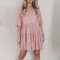 Evening Dress Sequin Dress Women's New Fashion Sequin Round Neck Pullover Short Sleeve Mini Dress Skirt Banquet Dress Dress