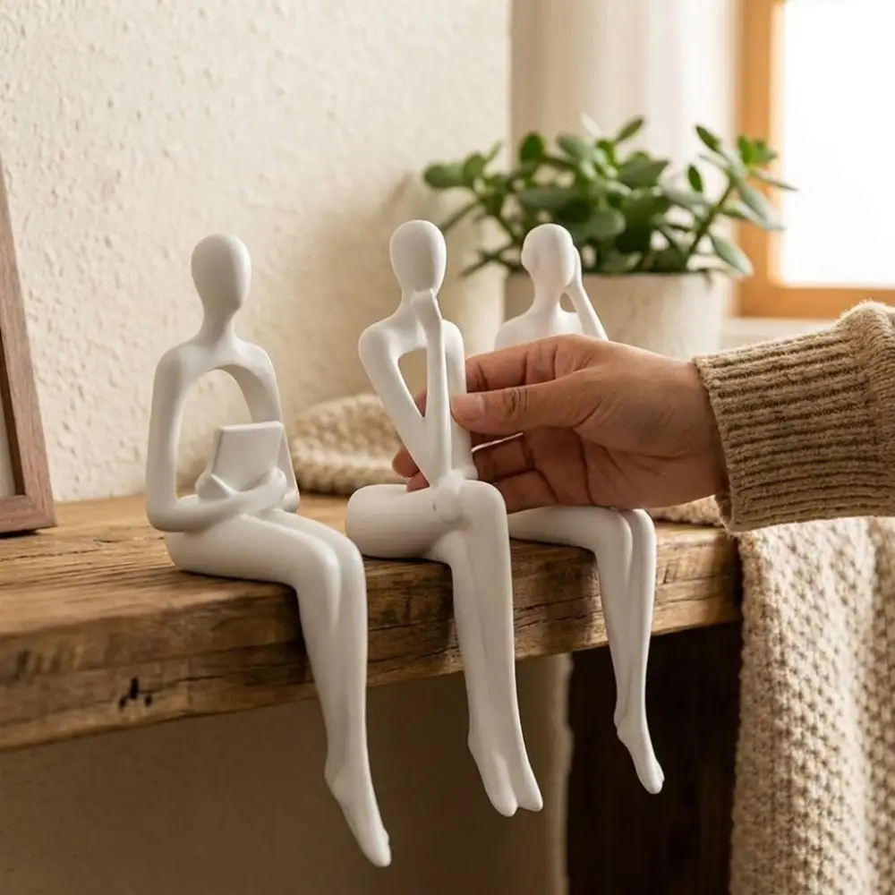 3Pcs Minimalist Abstract Sitting Human Sculpture Set 3D Printed Long Leg Thinking Figurine Edge Sitter Decor Handmade Plastic