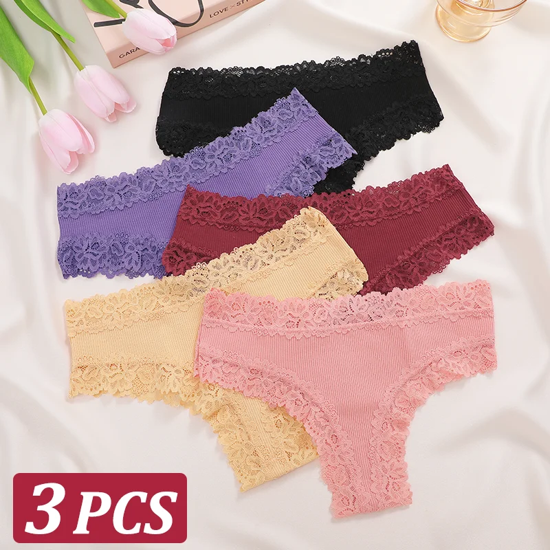 3PCS Cotton Women\'s Lace Panties Sexy Seamless Brazilian Underwear Female Solid Color Bikini Breathable Intimates Lingerie