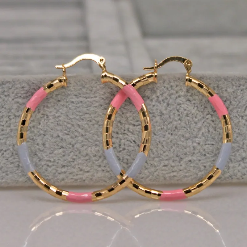 1 Pairs Trendy Gold Pink Copper Round Hoop Earrings For Women Girls Fashion Jewelry Accessories Birthday Wedding Party Gift