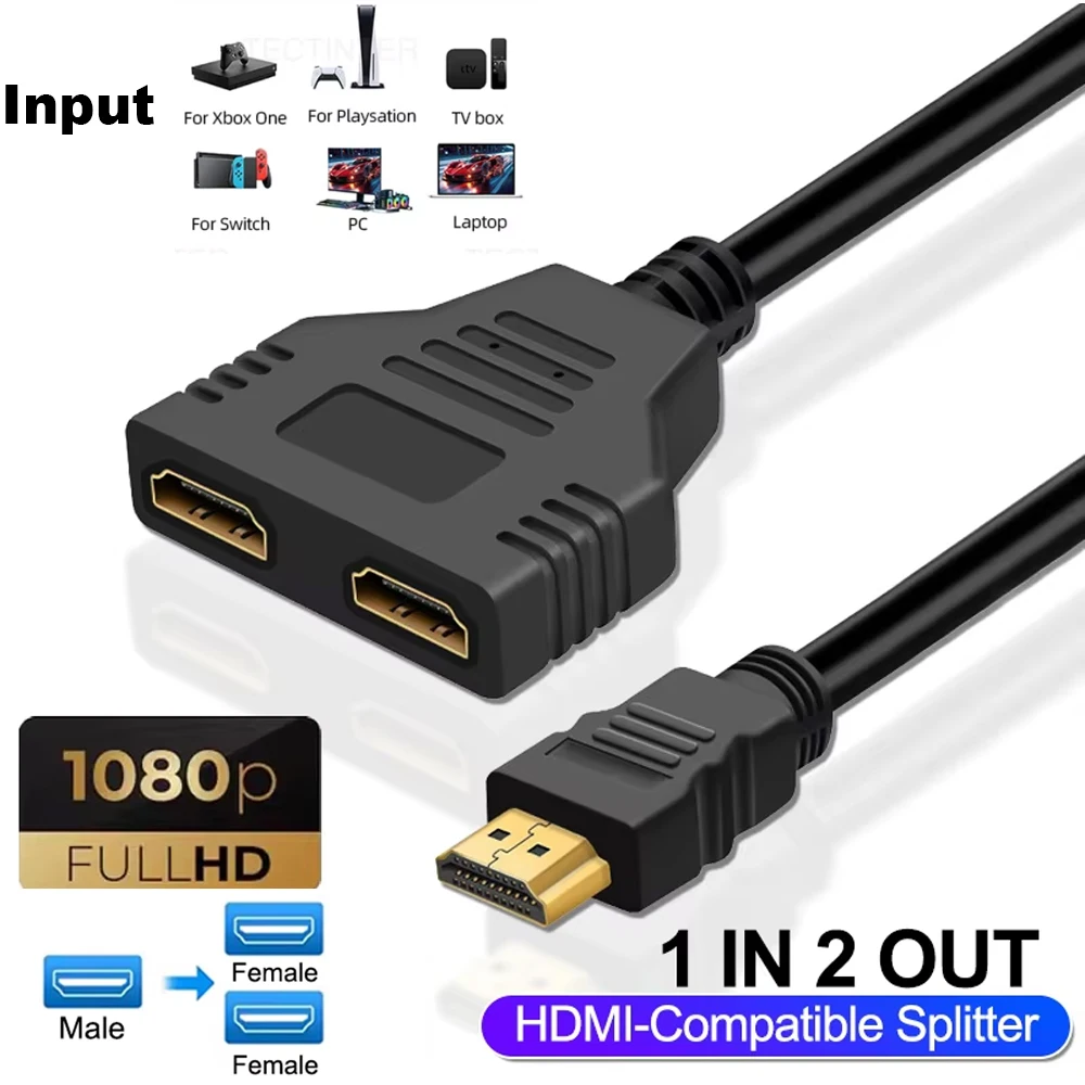 Cable divisor compatible con HDMI, 1080P, 1 entrada y 2 salidas, para XBox/PS4/PS3/DVD/PC/portátil/TV, 2 puertos duales, adaptador divisor HDMI, accesorios