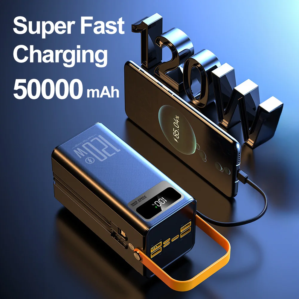 بنك طاقة محمول بقدرة 50000 مللي أمبير في الساعة للتخييم الخارجي بقدرة 120 وات شحن سريع للغاية مع كابلات مدمجة وإضاءة LED