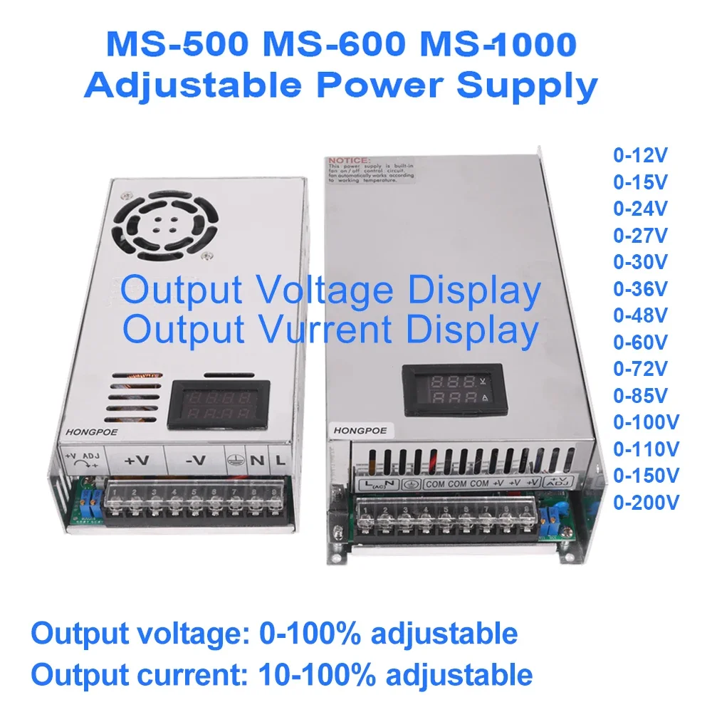 Digital Display Adjustable 500W 600W 1000W Power Supply 0-12V 15V 24V 30V 36V 48V 60V 72V 85V 90V 110V 150V 200V Ac To Dc Smps