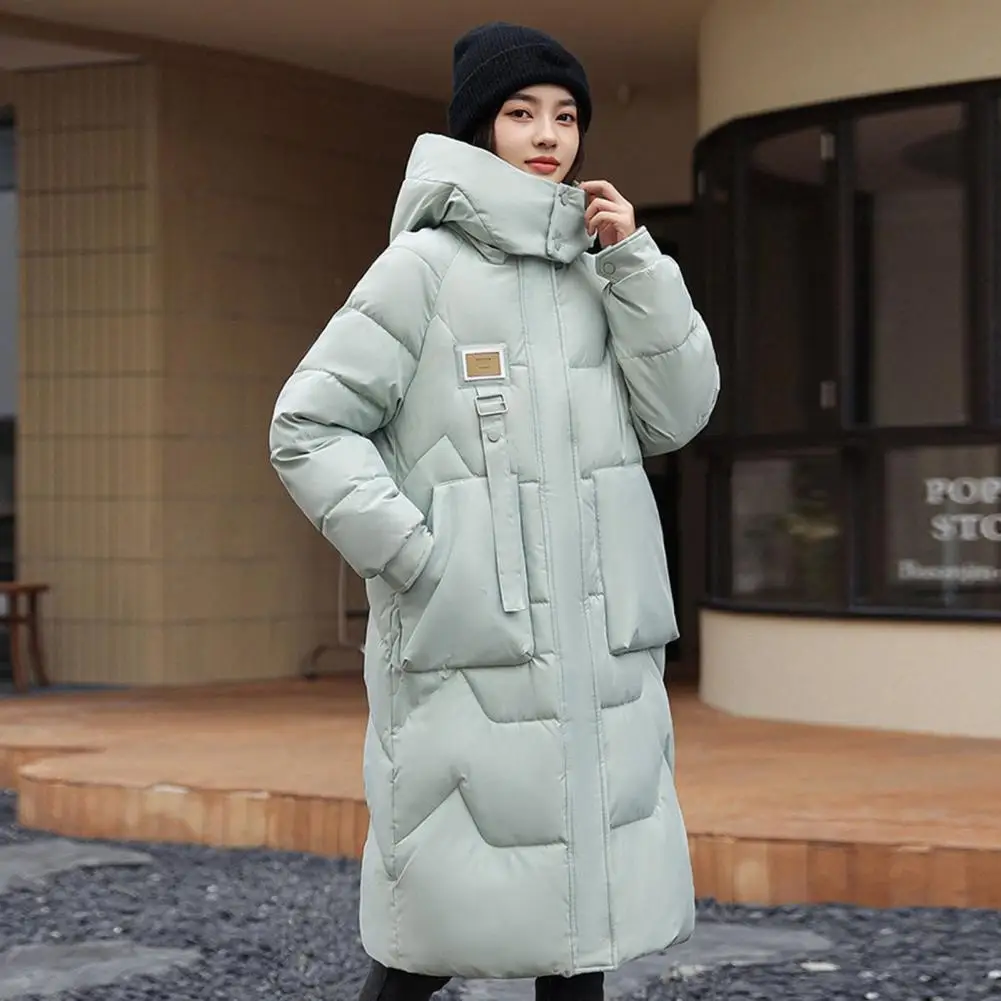 Winter Women Long Parkas Detachable Hood Neck Cotton Jacket Solid Color Pocket Knee Length Zipper Closure Padded Coat