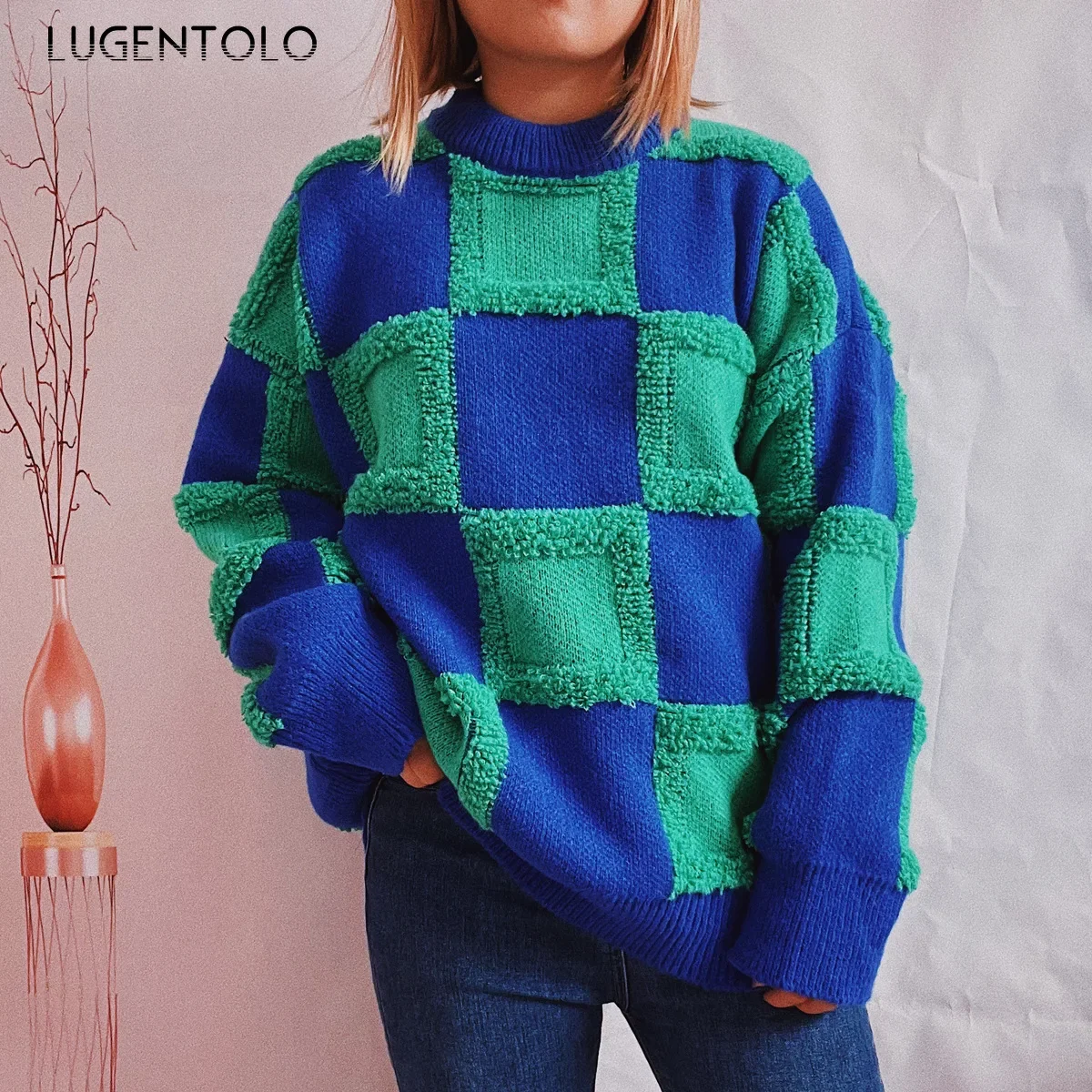 

Women Loose Thickened Sweater Fashion Checkerboard Grid O-neck New Autumn Winter Female Casual Pullover Knitted Clothing