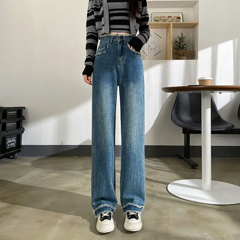 Imagem -03 - Calça Jeans Feminina de Cintura Alta com Bolsos com Zíper Calça Casual para Trabalho de Perna Larga Primavera e Outono