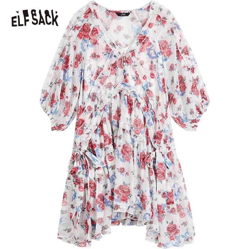 ELFSACK Two Piece Suit Chiffon Floral Dresses Women 2023 Spring/Summer Short Sleeve Daily Dress