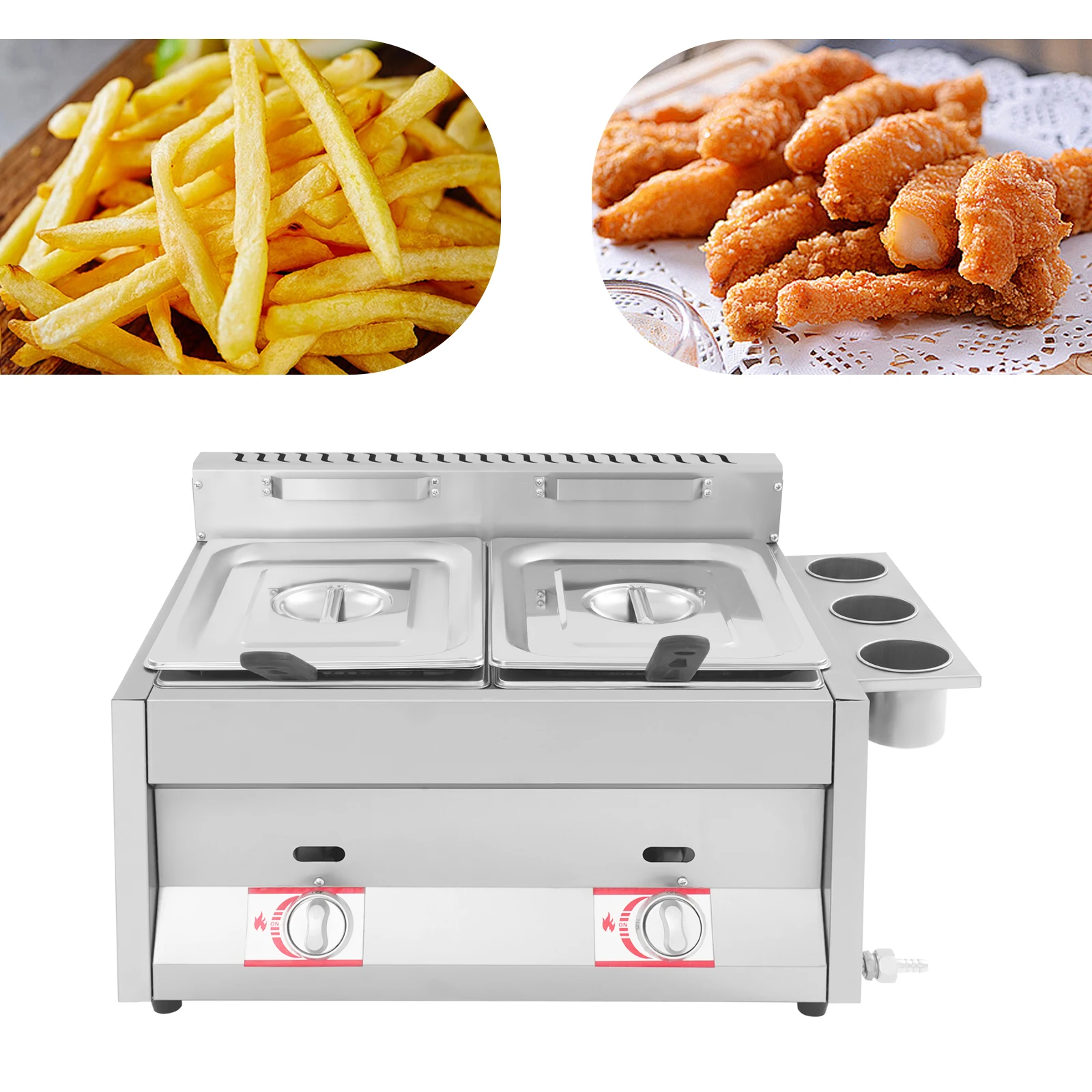 

Газовая фритюрница на 6 л с корзиной и крышкой Коммерческая фритюрница с двумя баками из нержавеющей стали 50-380 ° C используется для жарки картофеля фри, курицы