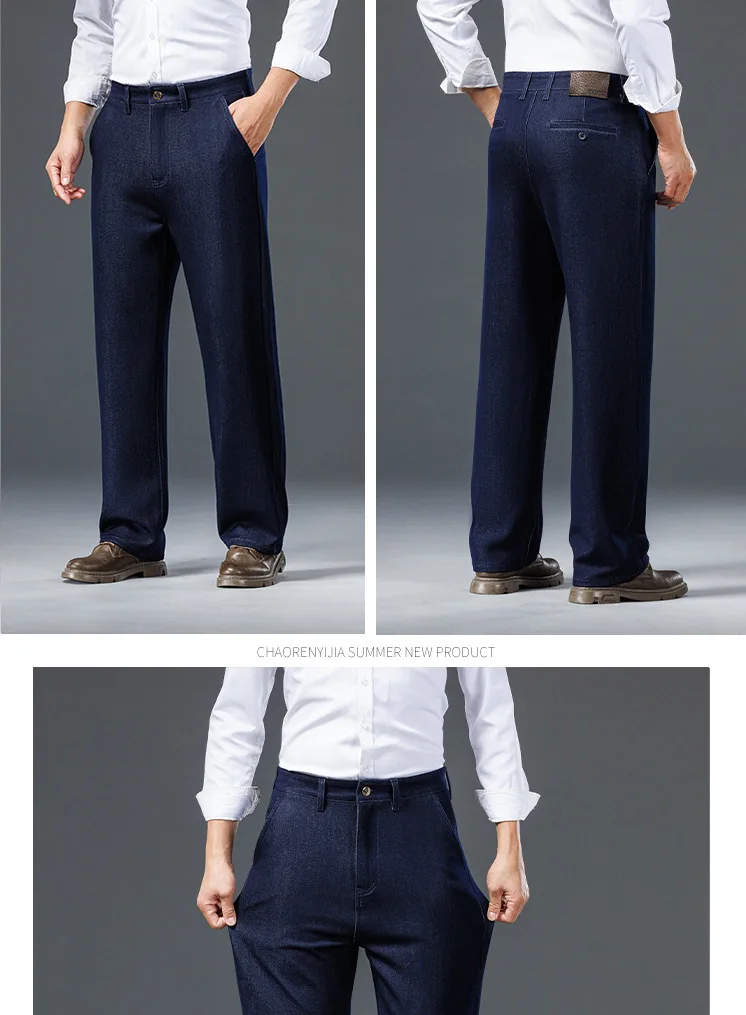 Men\'s Straight Leg Jeans Streetwear Blue/Black Casual Loose Fit Thick Denim Mid-Rise Trousers for Spring Sizes 40-44