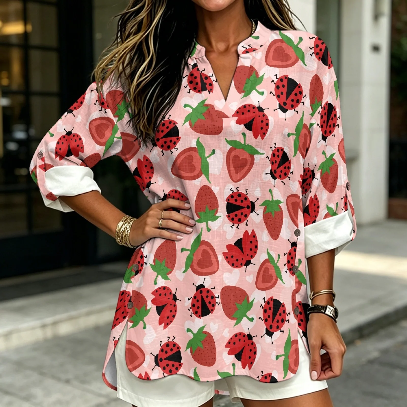 PENSTROLL Curved Hem Linen Like Women's Long Sleeve Blouses Flowy Long Sleeve Womens Tops for Everyday Wear Ladybug Strawberry