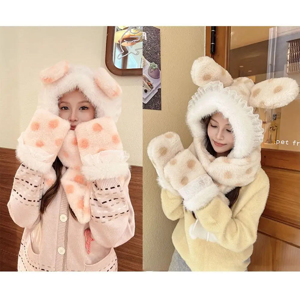 Cute Plush Plush Hat Three-piece Set Windproof Winter Scarf Warm Rabbit Ears Versatile Hat Winter