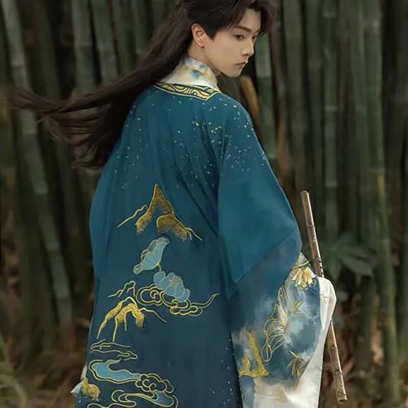 Hanfu الرجال الصينية القديمة التقليدية الأزرق والرمادي المطرزة Hanfu زي مرحلة العروض الذكور زي هالوين تنكري #5