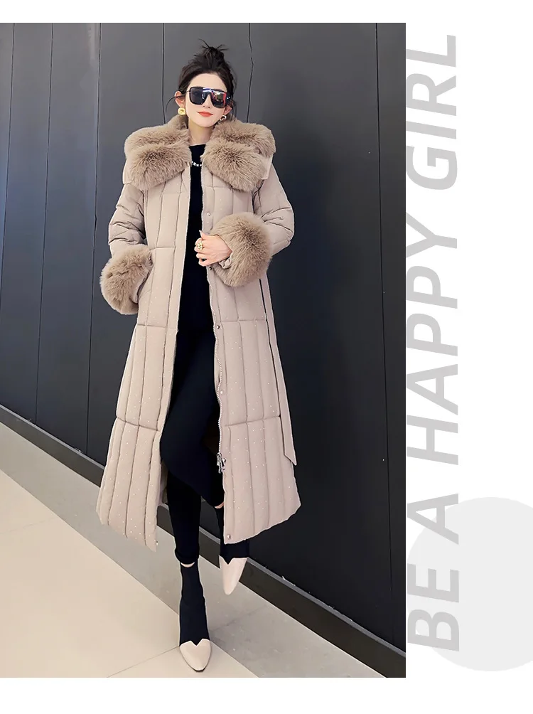 Mit Gürtel Lange Mit Kapuze Parkas Winter Baumwolle Gefütterte Jacke Faux-Fuchs Pelz Warme Mantel Frauen Dicke Puffer Weibliche Casual oberbekleidung