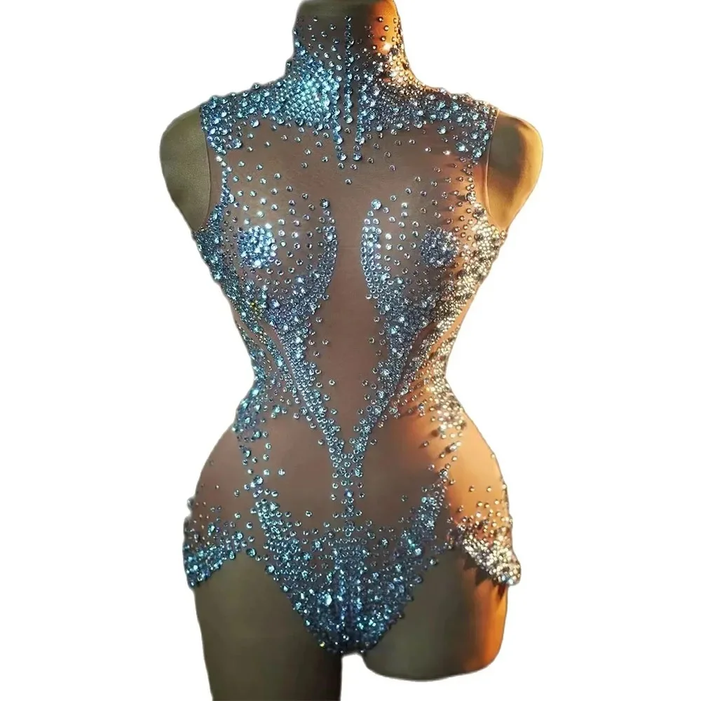 Sparkly Rhinestones Bodysuit for Women Sexy Mesh See Through Dance Outfit Performance Costume Singer Dancer Show Stage Wear