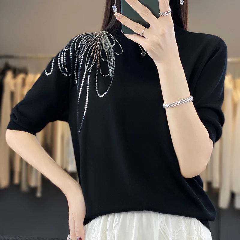 23 Summer New Tencel Knitted Short Sleeve Women\'s Round Neck Solid Color One Shoulder Sequin Sewn Loose Fashion Style Knit Shirt