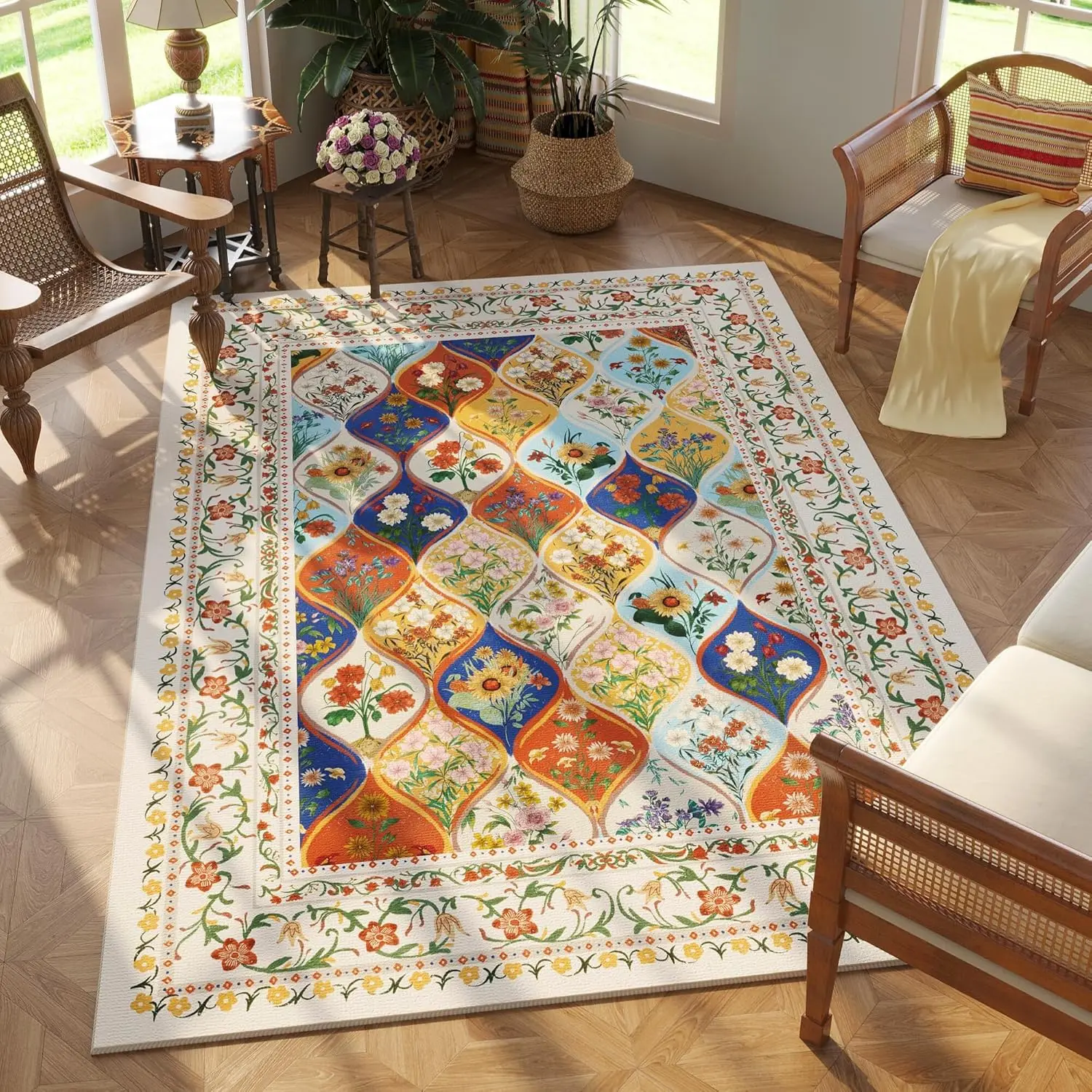 Bohemian Geometric Floral Bedroom Rug Machine Washable Area Rug, Low Pile Soft Carpet, Non-Slip for Entry, Living Room, Room