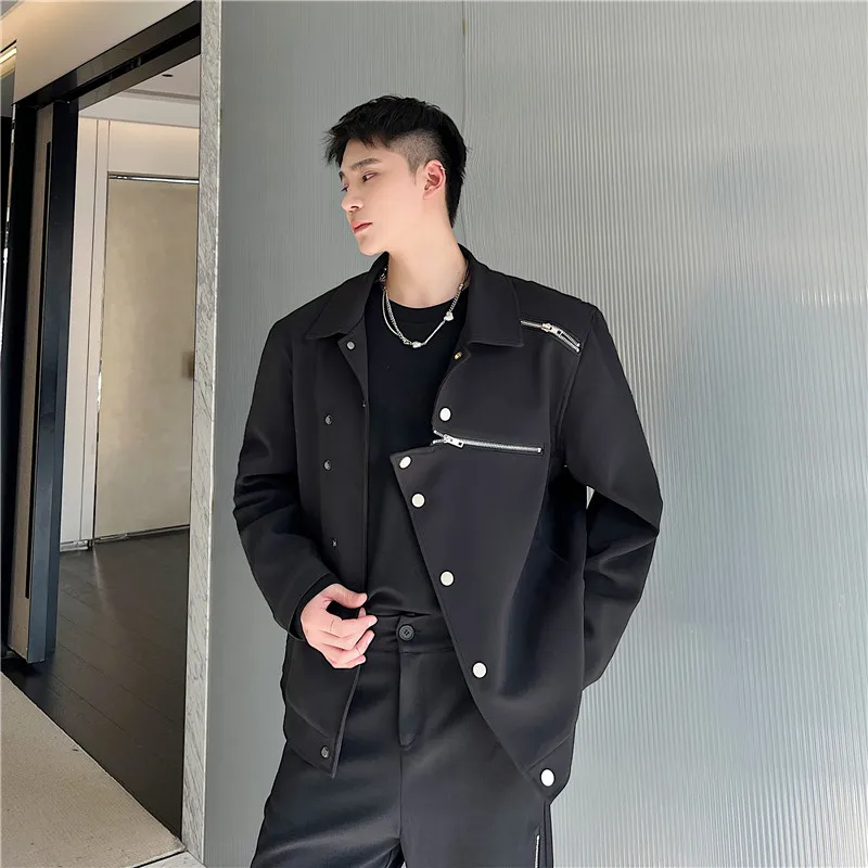 

Autumn Men's Zipper Jaet Deconstructed Irregular Buttoning Cool High-End Feel Loose Fit Anti-Wrinkle Long Sve Outerwear