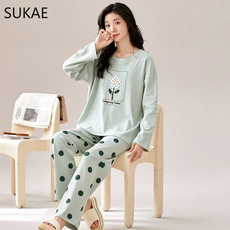 SUKAE New Autumn Winter Women Pajamas Long Sleeve O-neck Sleepwear Faux Cotton Soft Pijamas Leisure Cartoon Girls Homesuits Pjs