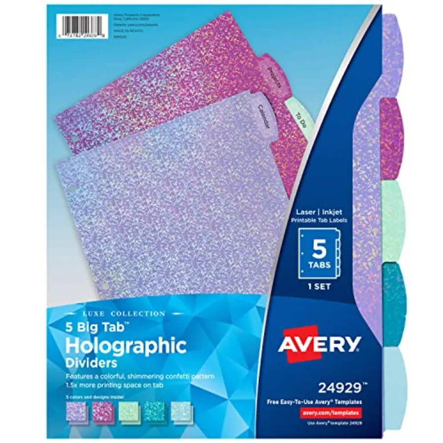 

Luxe Collection Holographic Big Tab Fashion Dividers for 3 Ring Binders, 5 Tab Set, Confetti Pattern, 1 Set 24929
