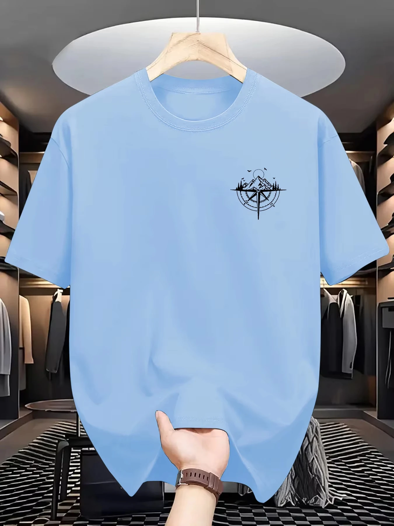 Sommer-T-Shirt für Herren aus 100 % Baumwolle mit Mountain Compass-Grafikdruck, lässig, locker, sportlich, bequem, Rundhalsausschnitt, kurzärmelig – Detail 7