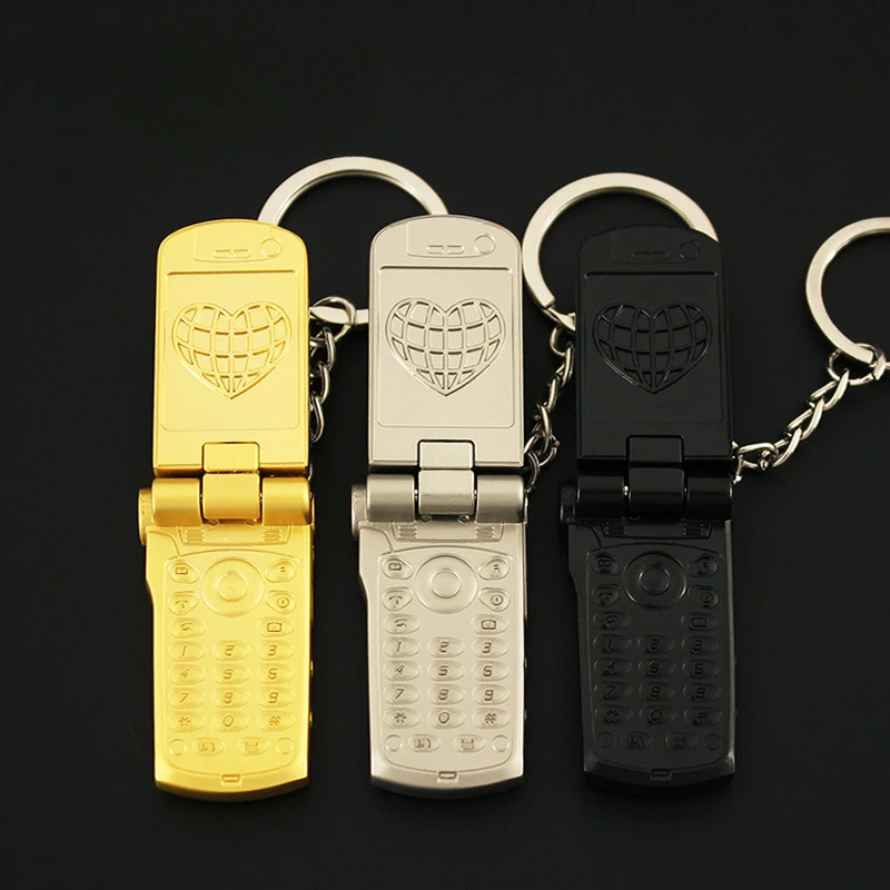 Vintage Mini Mobile Phone Keychains Toys Key Ring Metal Flip Phone Model Keychains Harajuku Key Chain Decorations Y2K Gift