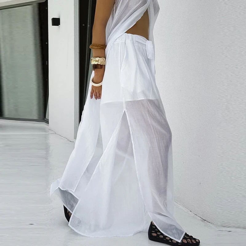 

Elegant Simple Loose Party 2 Piece Fashion Design Style Hollow Out Long Tops And Pants Sets Summer White Commute Women's Outfits