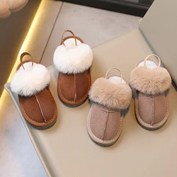 Brand Design Fur Slippers Toddler Kid Winter Elastic Band Plush Slide Sandals Boys Girls Thick Sole Slip-on Cotton Home Shoes