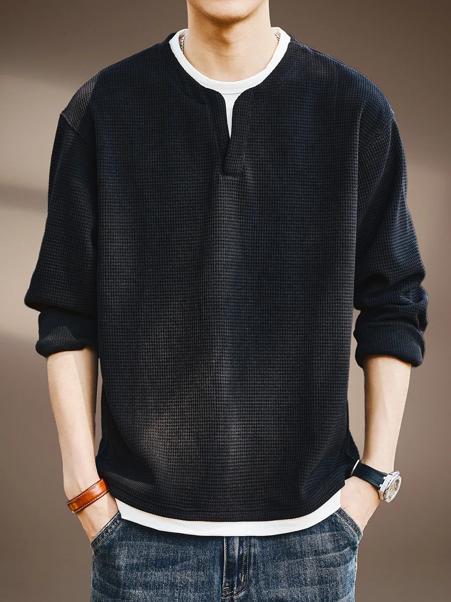 

American Style Loose Long Sleeve V-Neck Men's T-Shirt Waffle Pattern Casual Comfortable Polyester Fiber Wear Resistant