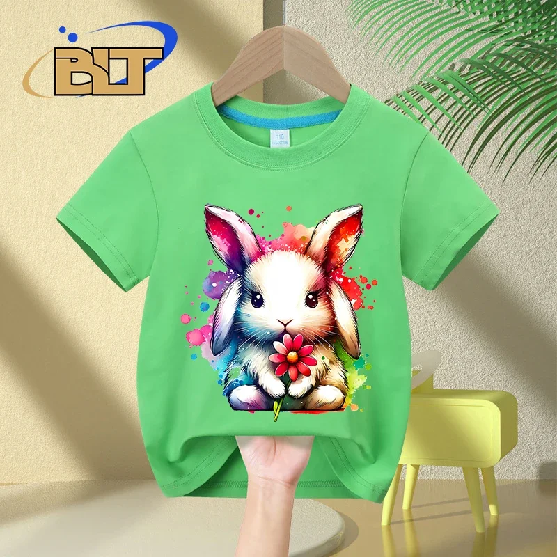 Camiseta con estampado de conejito de flores para niños, tops informales de manga corta de algodón para niños y niñas, Verano