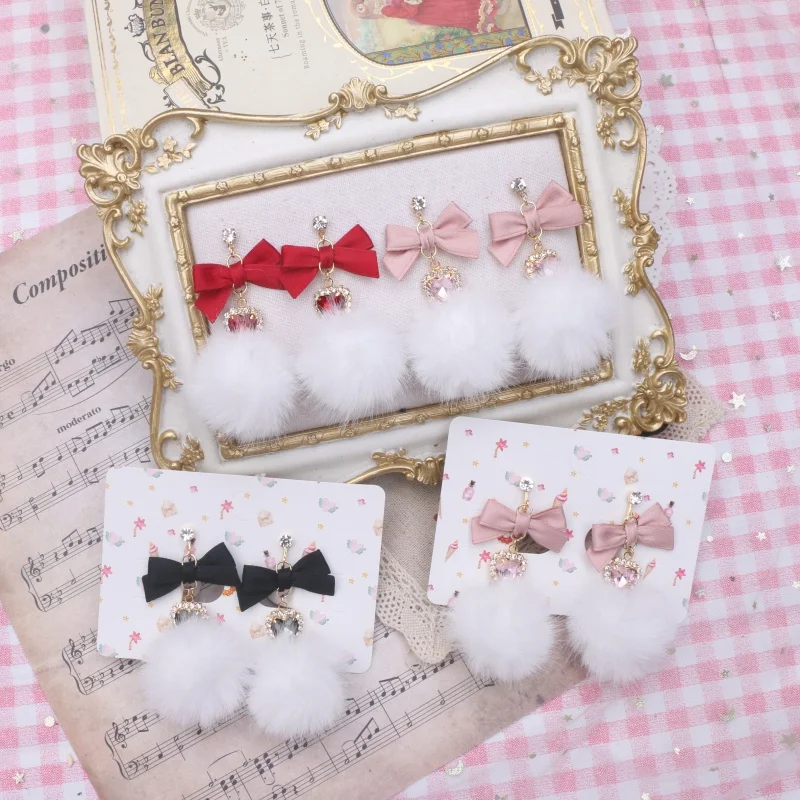 

Jiraikei Lo серьги для девочек милый милый бант со стразами меховой шарик женские серьги зима JK японский стиль y2k аксессуары