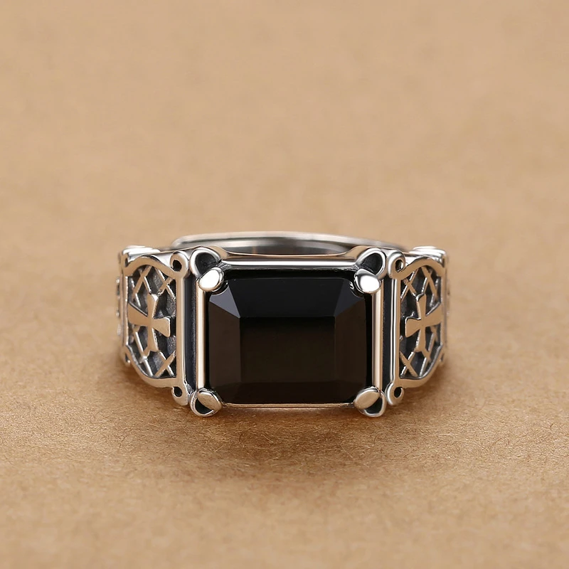 OUYADI 925 Sterling Silver Men Retro Black Agate Ring Cross Hollow Design Domineering Hip Hop Index Finger Jewelry Gift