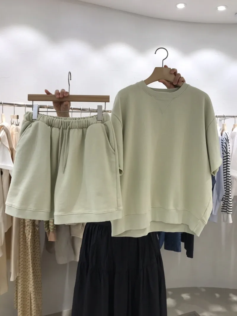 

Dongda Gate Summer 202 Women's round Ne Color ort Sve Hoodie Elastic Waist Belted orts Set Cotton Blend Faion