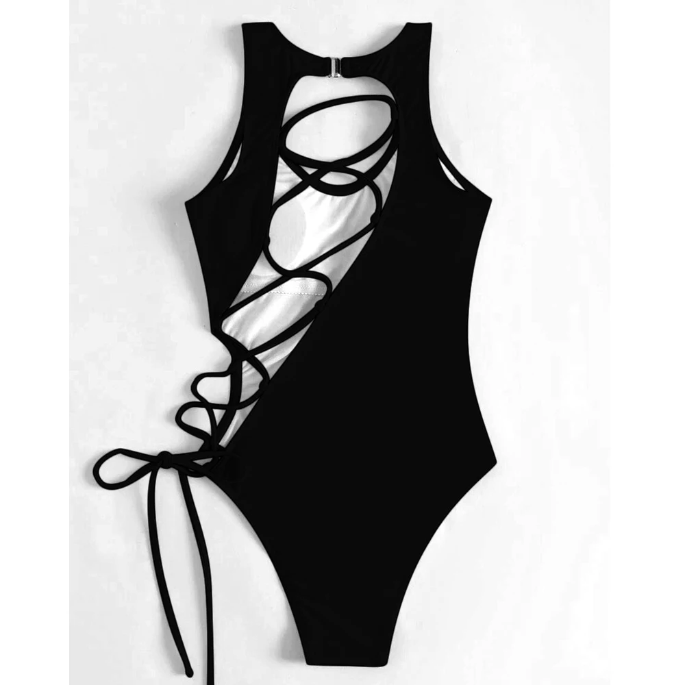 VigoCasey 2024 Solid High Cut Swimwear Women Sexy Backless Cross Hollow Tied One Piece Swimsuit Monokini Beach Bathing Suit