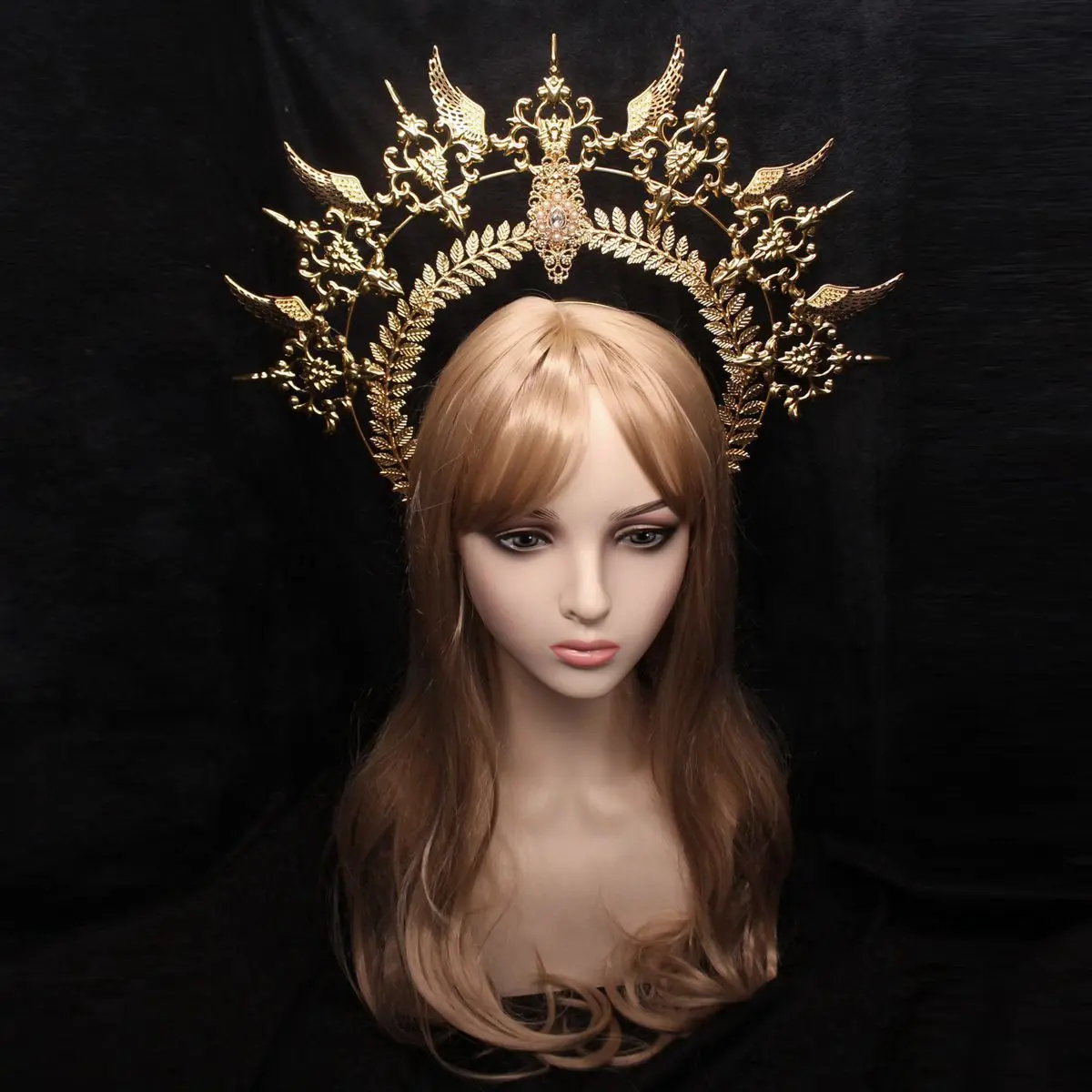 Handmade Lolita Headband Golden Mary Apollo Sun Halo Angel Goddess Gothic Crown Goth Headpiece Filigree For Bride Photoshoot