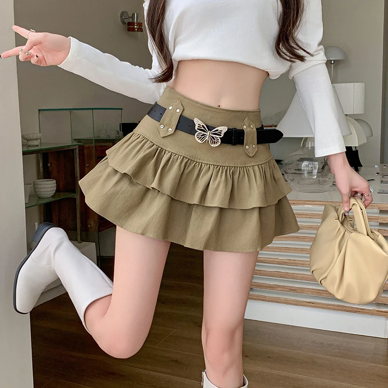 

Y2K Sweet Solid Women Mini Skirt Tiered Ruffled High Waist Patchwork Ladies Ball Gown Skirts Fashion Belted Female Cake Skorts