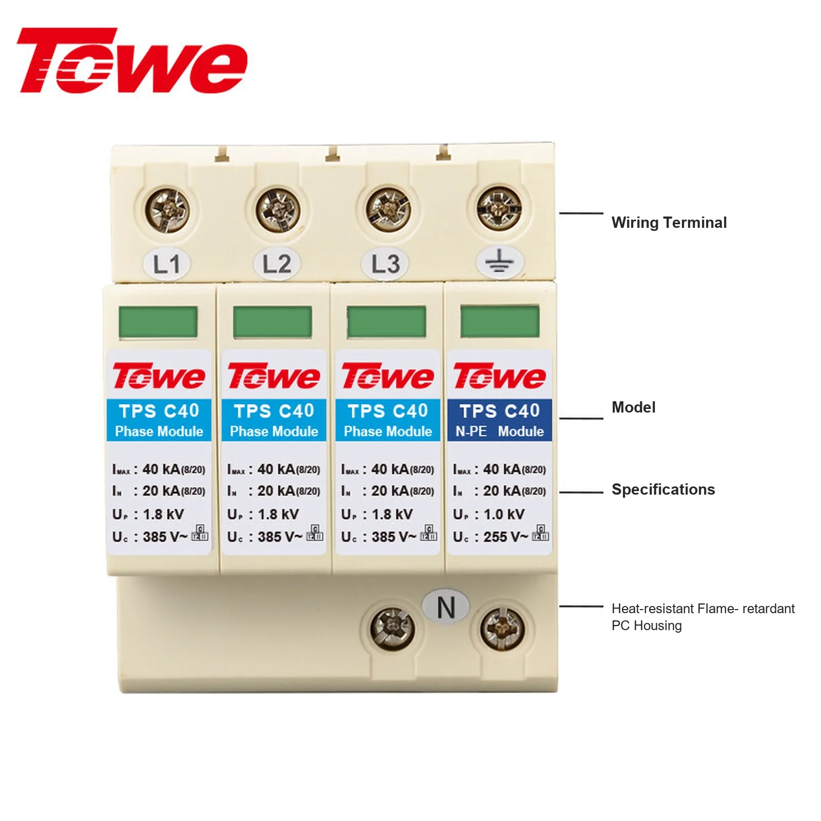 TOWE Type 2 SPD Surge Protective Device 40kA Class C Surge Protector 385V Modular DIN Rail 1P+N 3P 4P for AC 230/400V