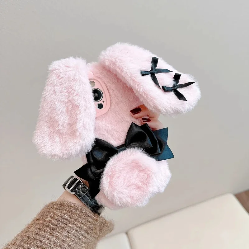 For IPhone 16 Pro Max 15 14 13 12 11 Bow Tie Maid Bunny Plush Phone Case Fall Winter Cute Phone Protective Jacket view 5