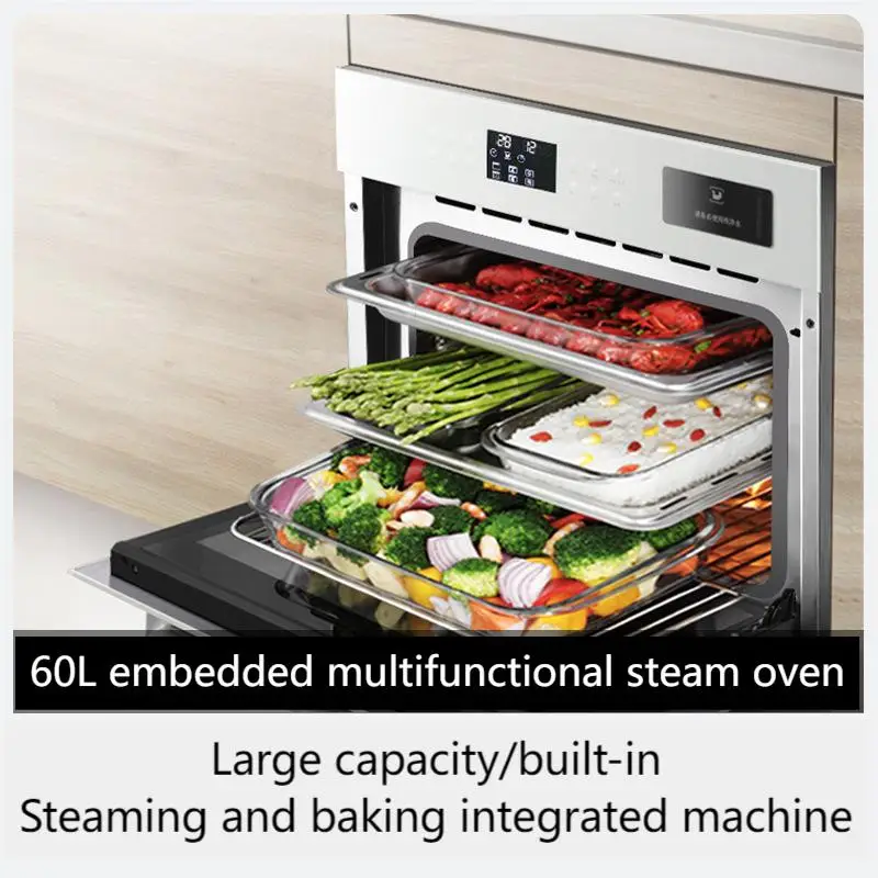 White 60L Stainless Steel Built-In Electric Steam Oven Digital Timer Control Steaming Baking All-In-One Machine Hotel Household