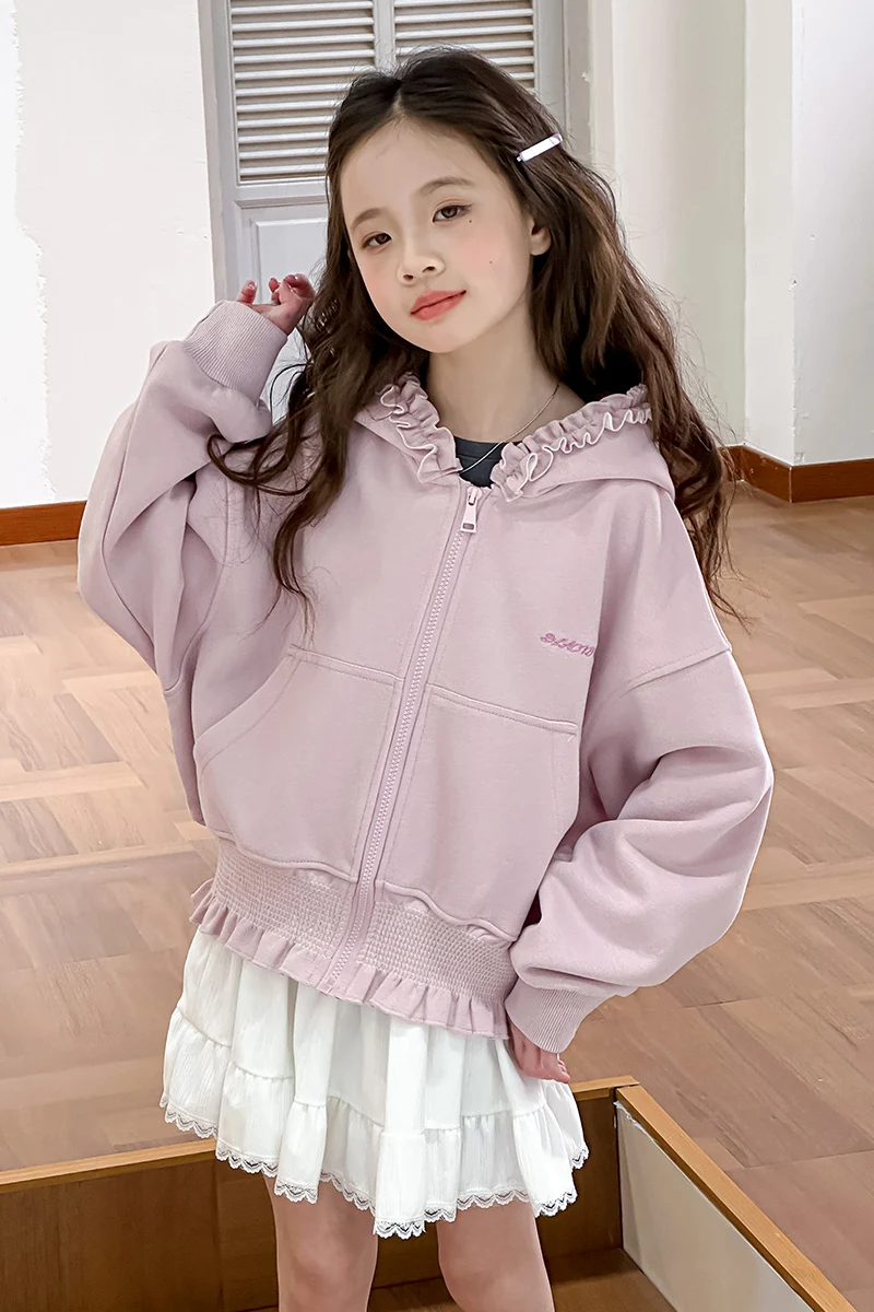 Mädchen Kapuzenpullover Frühling Herbst 2026 Neuer Stil Süßer Niedlicher Rüschenbesatz Reißverschluss-Mantel mit Taschen Kinderkleidung – Detail 20