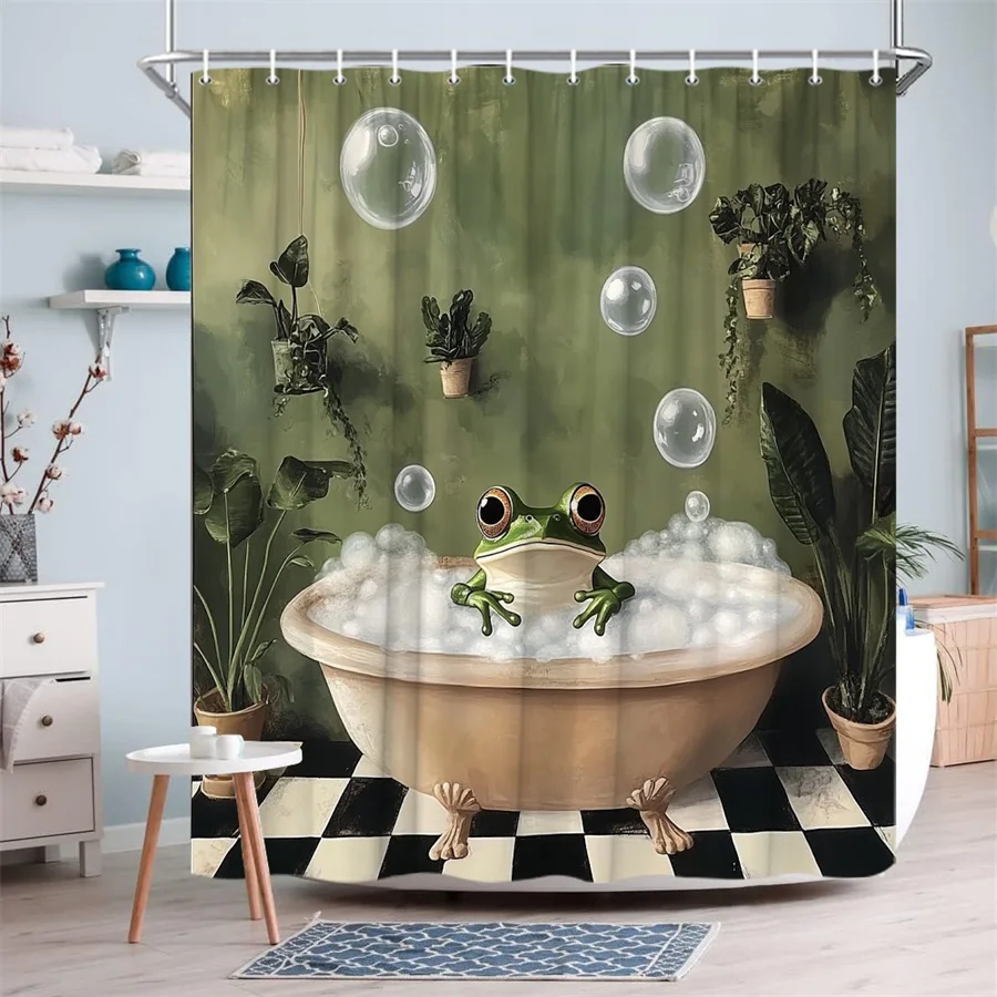 

Забавная лягушка в ванной, занавеска для душа с изображением джунглей и природы, художественный дизайн для причудливого декора ванной комнаты с крючками. Простая установка.