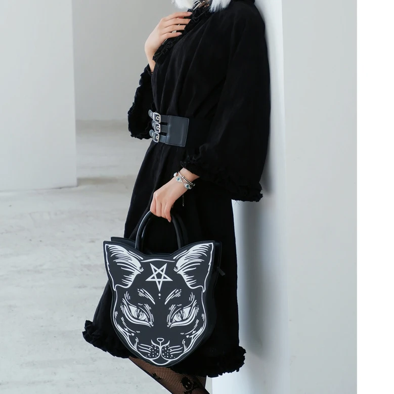 Dark Cartoon Cat Design Purses And Handbags For Women Punk Harajuku Style Girl Shoulder Bag Black Top Handle Purse Fashion Totes