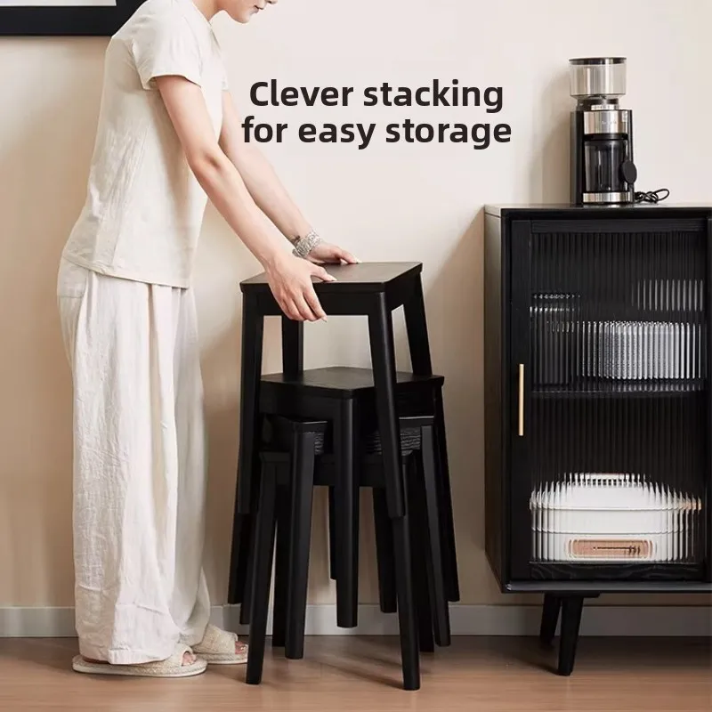 Stackable Solid Wood Stool Black Square Dining Bench for Living Room Minimalist MultiPurpose Seating Compact Home Furniture