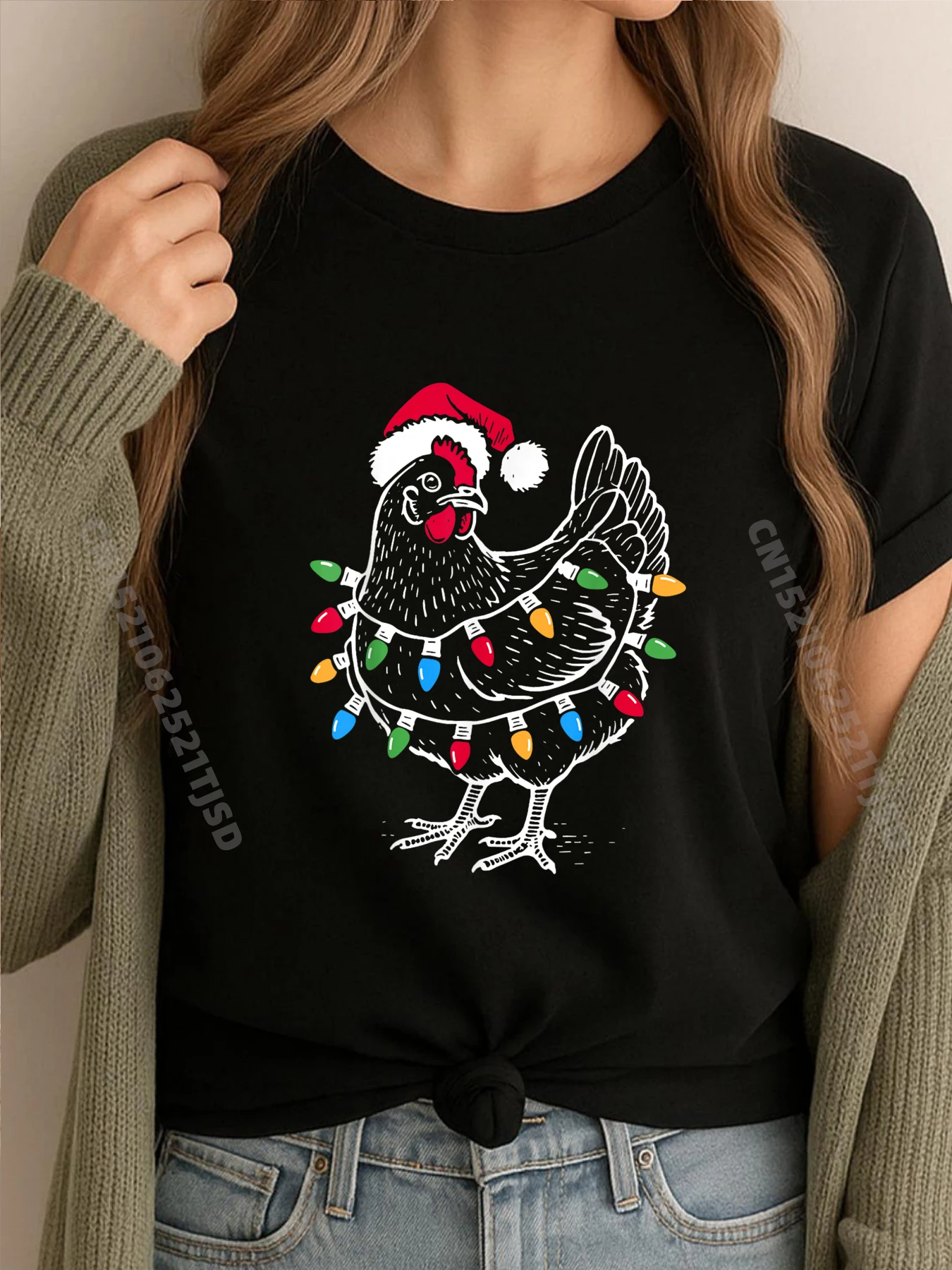 

Christmas Lights Chicken Santa Hat Xmas Tree Farm Graphic Shirts Woman Men Clothes T Shirt Washed Plus Size