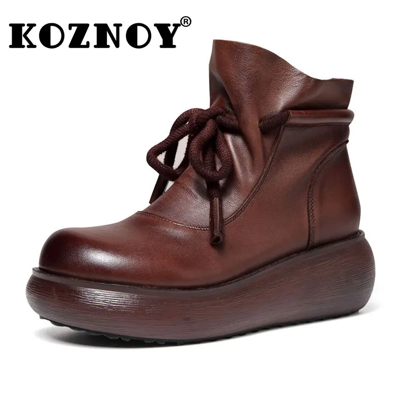 

Koznoy 6cm Rotro Natural Cow Genuine Leather Spring Autumn Ankle Mid Calf Chimney Booties Woman Moccassins Platform Wedge Shoes